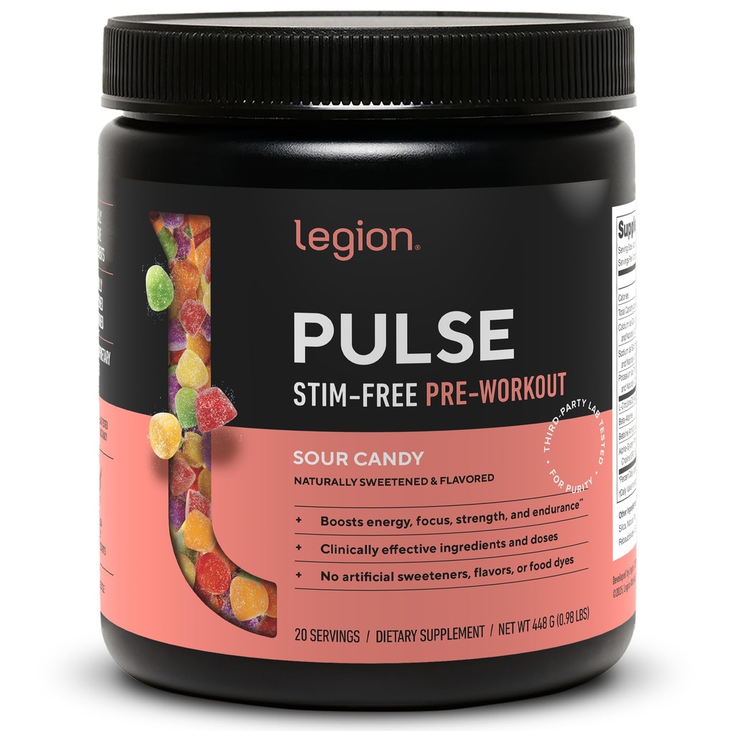 LEGION Pulse Pre Workout Supliment - Toate naturale oxid nitric Preworkout Băutură pentru a stimula energia, Creatine Free, natural îndulcit, Beta Alanine, Citrulline, Alpha GPC (Cafeina gratuit Sour Candy)