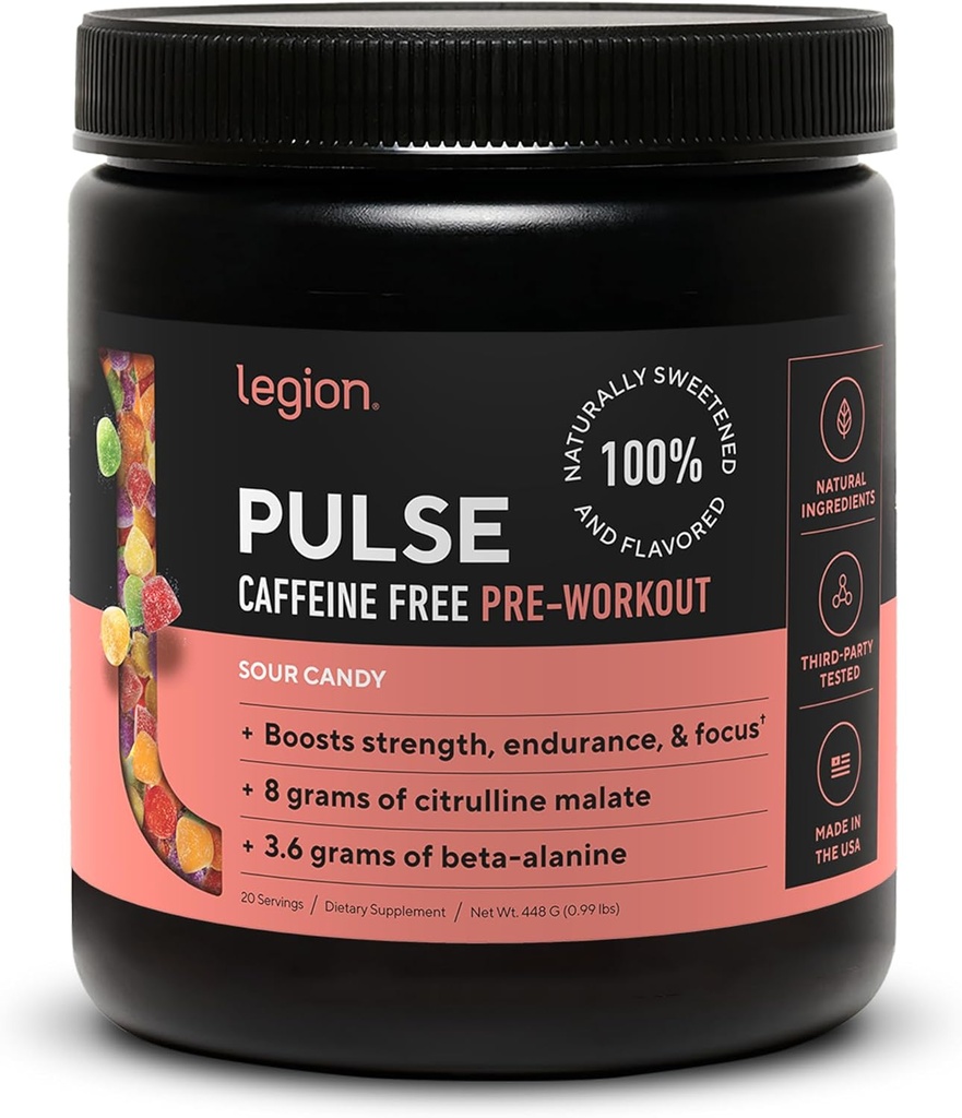 LEGION Pulse Pre Workout Supplement - All Natural Nitric Oxide Preworkout Drink to Boost Energy, Creatine Free, Naturally Sweetened, Beta Alanine, Citrulline, Alpha GPC (Caffeine Free Sour Candy)