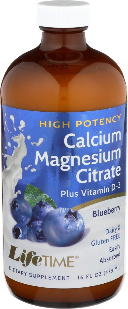 LIFETIME Suport osos, Citrat de calciu, Citrat de magneziu și vitamina D-3, Relaxare, Formula de suport osos și muscular, Absorbție ușoară, Aroma de afine, aproximativ 32 Serviri, 16 FL OZ