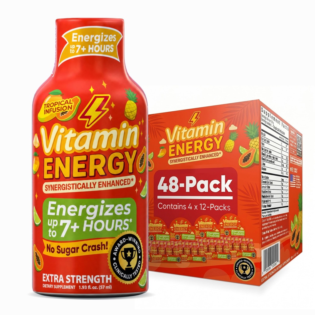 Vitamina Energie Focus+ Extra Putere Energie Shot Infuzie Tropicală 48 Pack, 260mg Cafeina Naturală, B-Vitamina, CoQ10, Amino Acidi, Focus, Productivitate & Claritate, Zero Zahăr, Gluten-Free, 1.93 fl oz