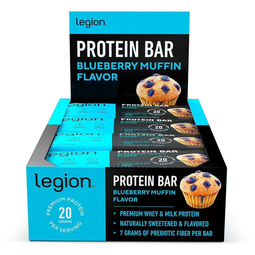 Legion Proteine Bar Blueberry Muffin - 100% Proteina Whey, Soy gratuit Baruri de proteine cu fibre prebiotice - Scăzut Fat Proteina sanatoasa Bar - Gluten gratuit, aroma natural, Baruri de proteine de zahăr scăzut (12 Conte)