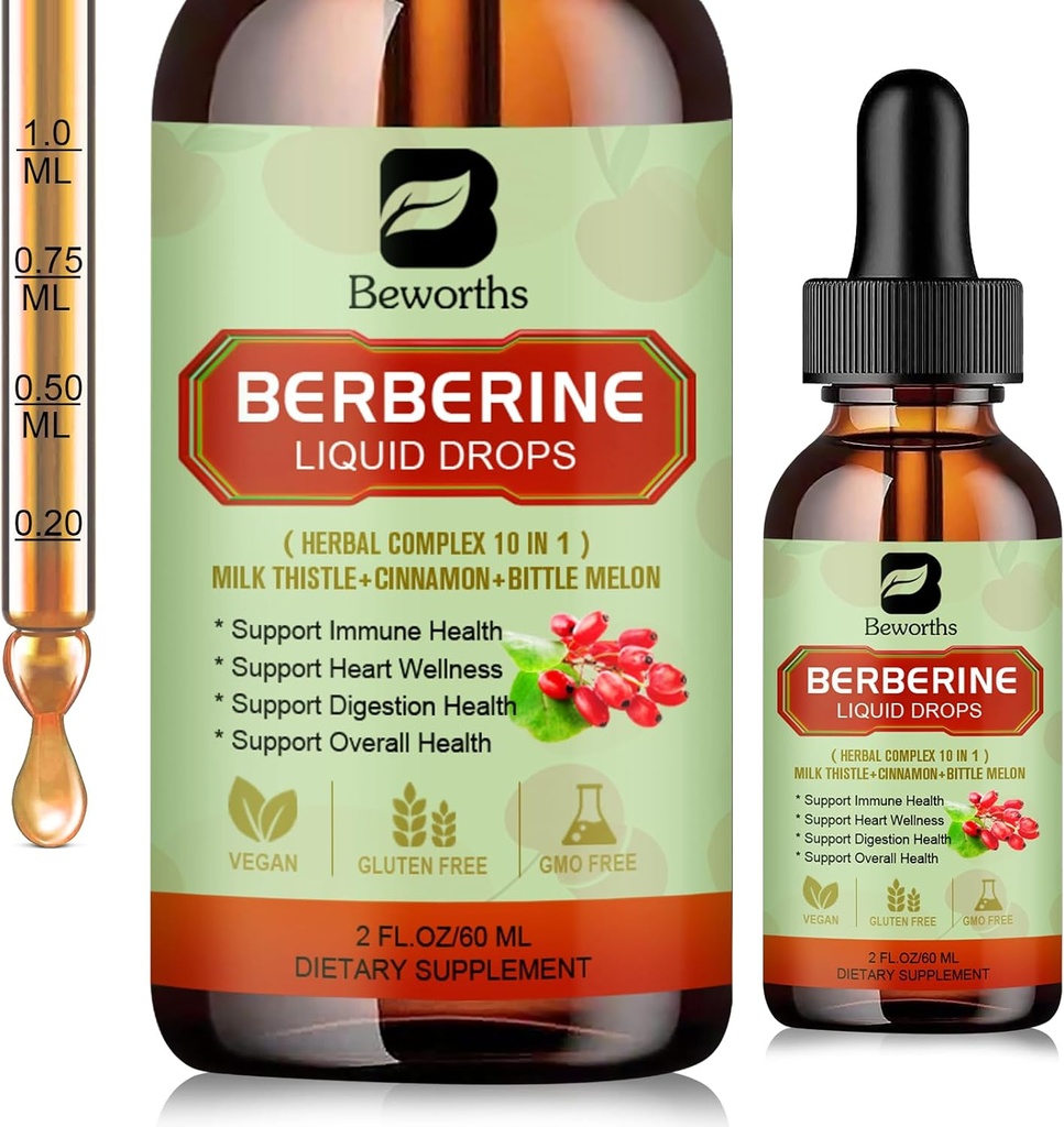 Berberine HCL Supliment cu Ceylon Scorțișoară - Liposomal Berberine Phytozom Picături lichide cu Turmeric, Ceylon Scorțișoară, Bitter Melon, Milk Thistle, AMPK Activator pentru Suport Digestion