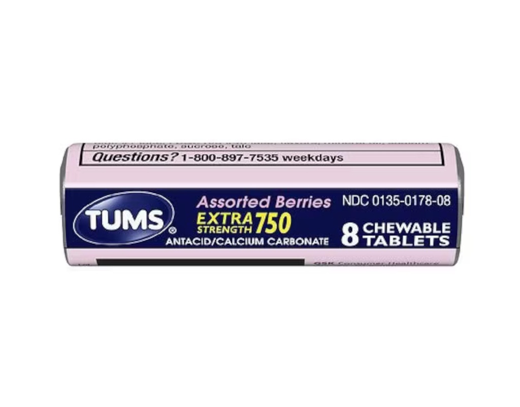 Tums Extra Putere 750 Antiacid cu supliment de calciu Calciu Bogat Berries asortate aroma - 24 Role de buzunar dimensiune de 8 comprimate masticabile Fiecare rolă (192 comprimate masticabile Total)