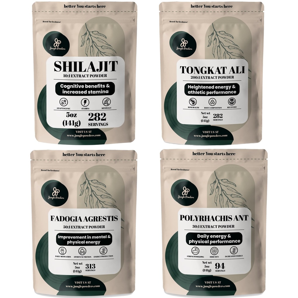 Pudre de junglă Pudre de plante Bundle - Shilaj pulbere, Tongkat Ali pentru bărbați pulbere, Black Ant Extract de pulbere, Fadogia Agrestis extract pentru bărbați Supliment