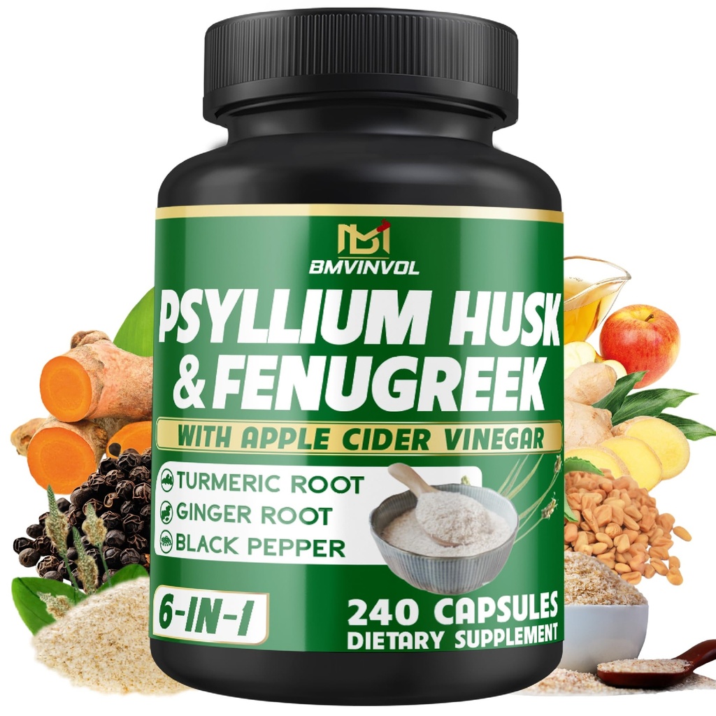BMVINVOL Psyllium Husk Fiber Supplement with Fenugreek, Apple Cider Vinegar, Turmeric, Ginger, Black Pepper- Digestion Health Support - 240 Capsule