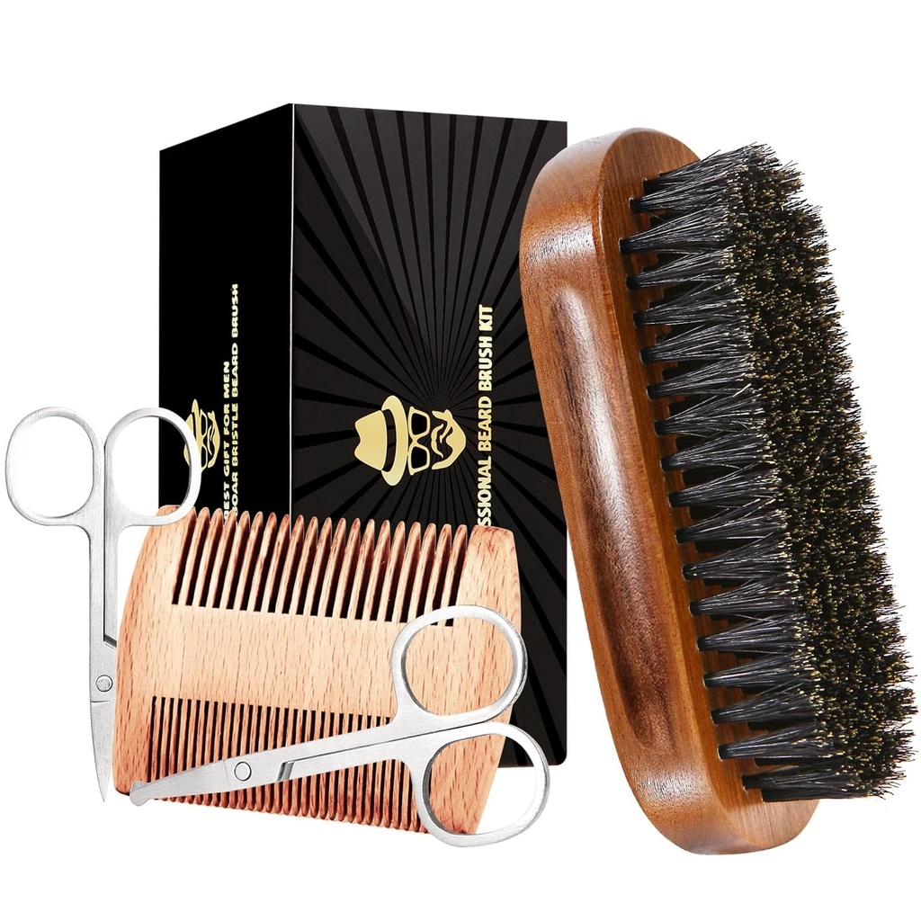 Perie de barbă pentru bărbați, Barbă Bristle negru Barbă de lemn de nuc și Set de înrobire mustațe, inclusiv Pur Boar Bristle Barbă Brush, Beard Comb, Mustață foarfece, și Travel Bag