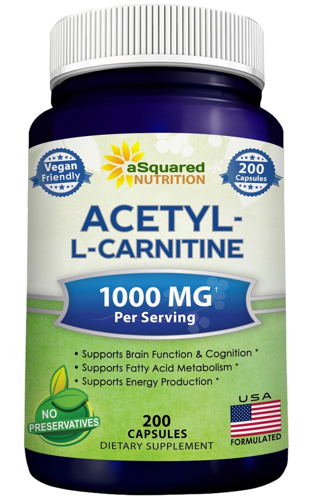 aSquared Nutrition Acetil L-Carnitina 1000mg Concentraţie maximă - 200 Capsule vegetale - doză mare Acetil L Carnitina HCL (ALCAR) Supliment pastile pentru a sprijini energia pură, funcţia cerebrală şi acidul gras