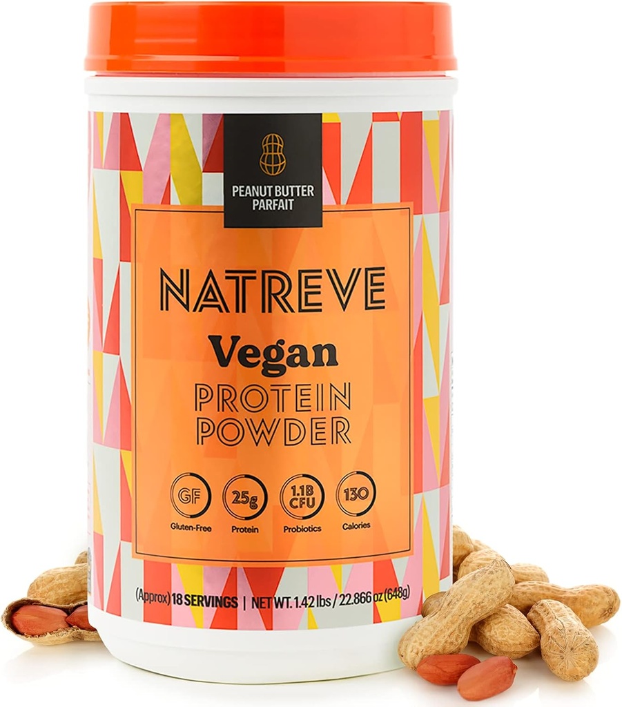 Natreve Vegan praf de proteine - 25g de plante pe bază de praf de proteine cu probiotice și aminoacizi - gluten gratuit unt de arahide Parfait, 18 Serviri