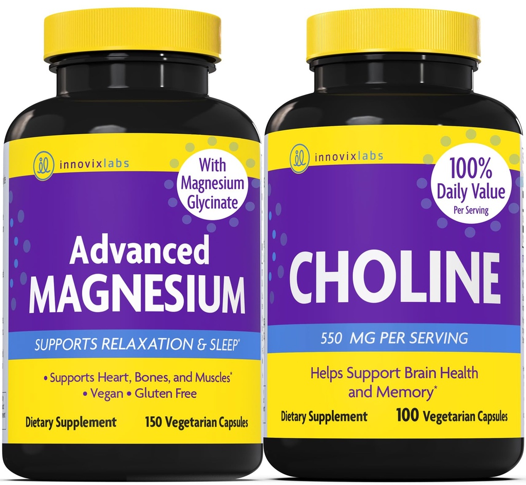 InnovixLabs Choline & Magneziu Bundle Choline Bitartrat 550 mg (100 capsule) Magneziu avansat (150 capsule). Suportă Memorie, Mood, Brain Health & Boost Cognitive.*