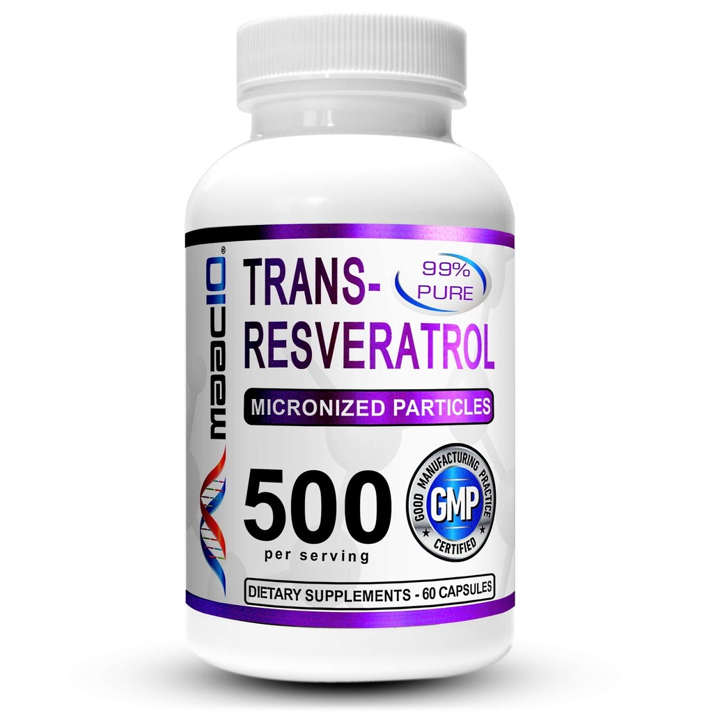 MAAC10 Trans Resveratrol 500 mg Supliment (Micronizat de grad farmaceutic 99% Pur Trans-Resveratrol Extract + BioPerină pentru Absorbţie superioară) (2X 250 mg capsule 60ct)