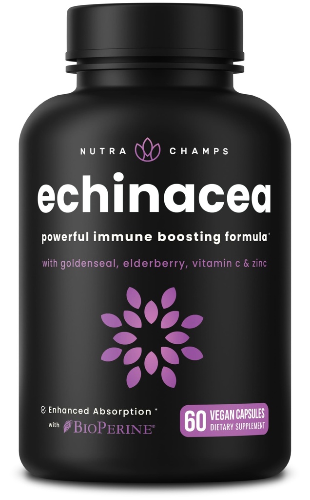 NutraChamps Echinacea Capsule 1000mg - 8-in-1 Suport imunitar - Echinacea Goldenseal, Vitamina C, Zinc, Ghimbir, Elderberry - 60 Capsule