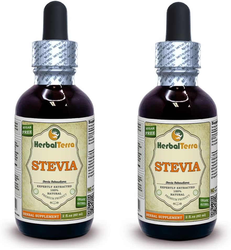 Stevia (Stevia Rebaudiana) Tinctură, Extract lichid de frunze uscate organice (Brand Name: HerbalTerra, Proudly Made in USA) 2x2 fl.oz (2x60 ml)