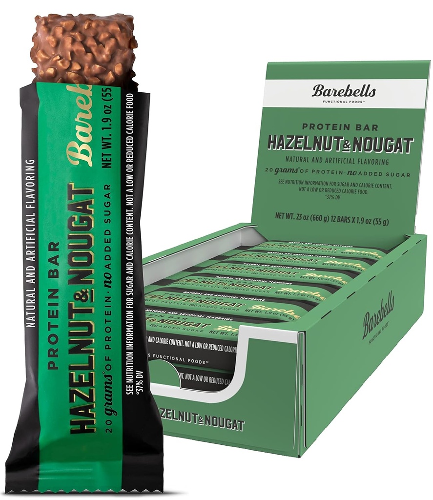 Barebells Proteine Baruri Hazelnut & Nougat - 12 Conte, 1.9oz Baruri - Snack-uri de proteine cu 20g de proteine mari - baton de proteine de ciocolată cu 1g de zahăr total - Pe Go Proteine Snack & Breakfast Baruri