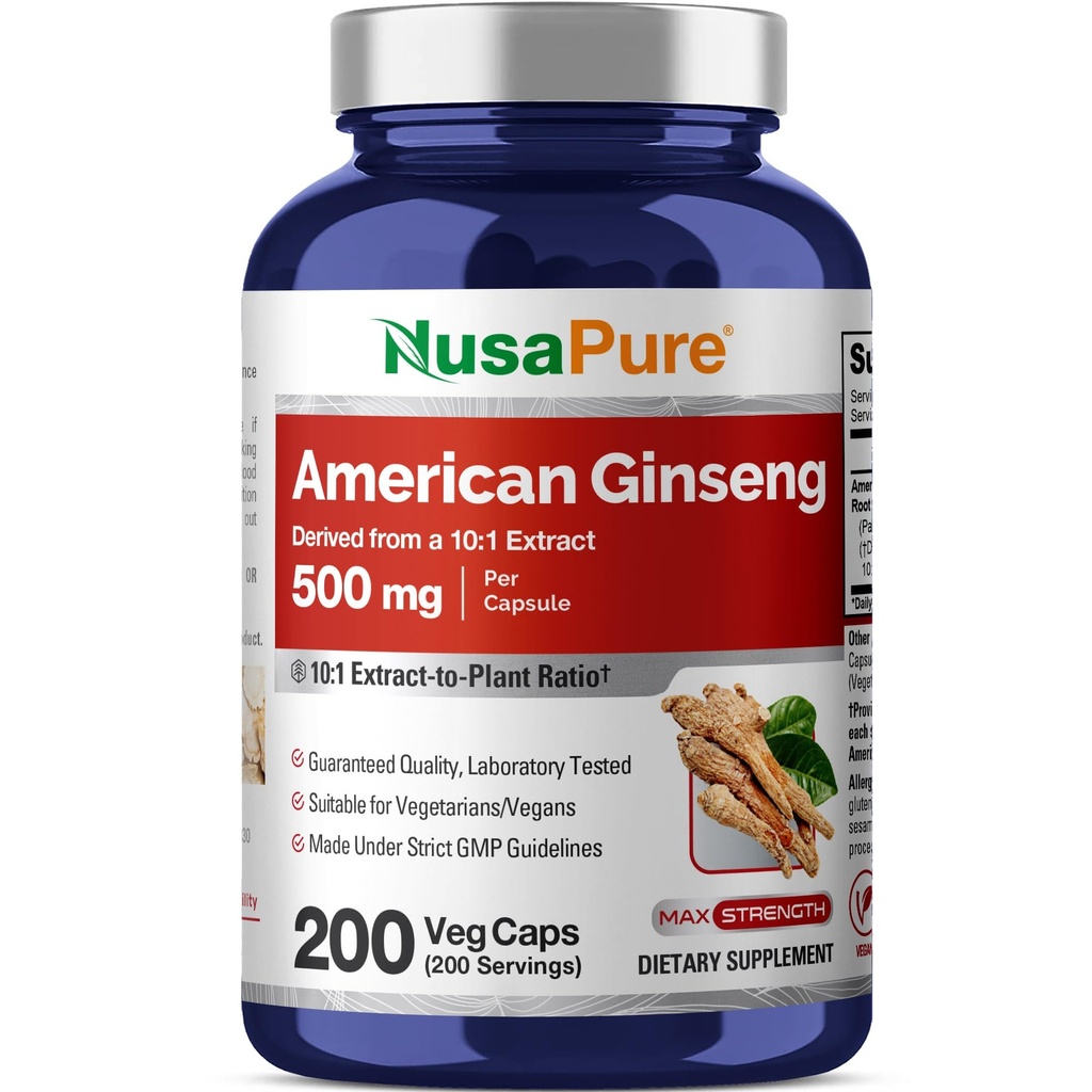 NusaPure American Ginseng 10:1 Extract, 500 mg echivalent cu 5000 mg - 200 capsule vegetale (vegetarian, non-GMO, Vegan)