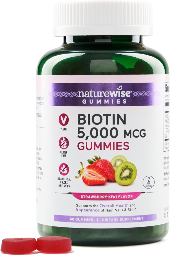 NatureWise Biotin Gummies - Sustine parul sanatos, piele si unghii puternice - Vitamina B7 5000mcg - Frumusetea naturala - aroma de capsuni-Kiwi - Vegan, non-GMO, gluten gratuit - 60 Conte[30 zi de aprovizionare]
