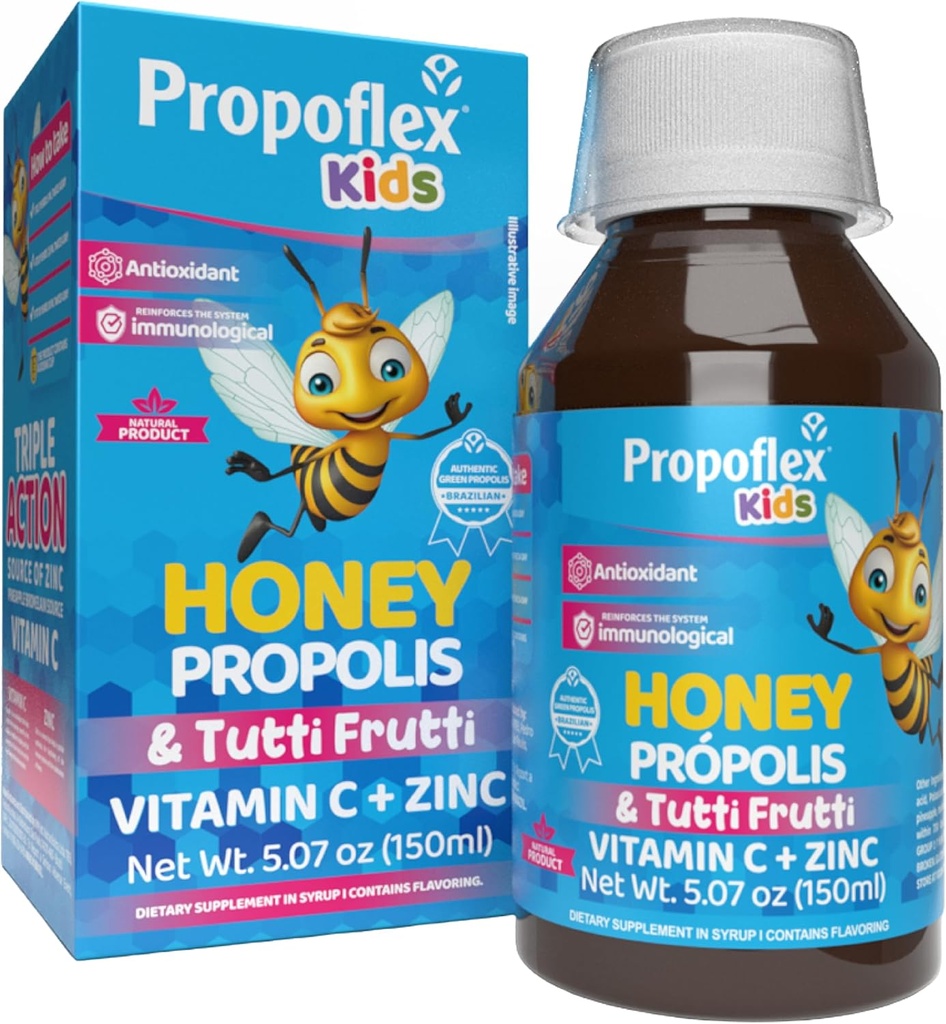Beelife Bee Propolis Cough Syrup Kids- Triple-Action - Natural Syrup, Brazilian Green Propolis, Zinc, Bromelain, Vitamina C- Suport Imunity & Recovery - din Brazilia, Tutti Fruit Flavor, 150 ml
