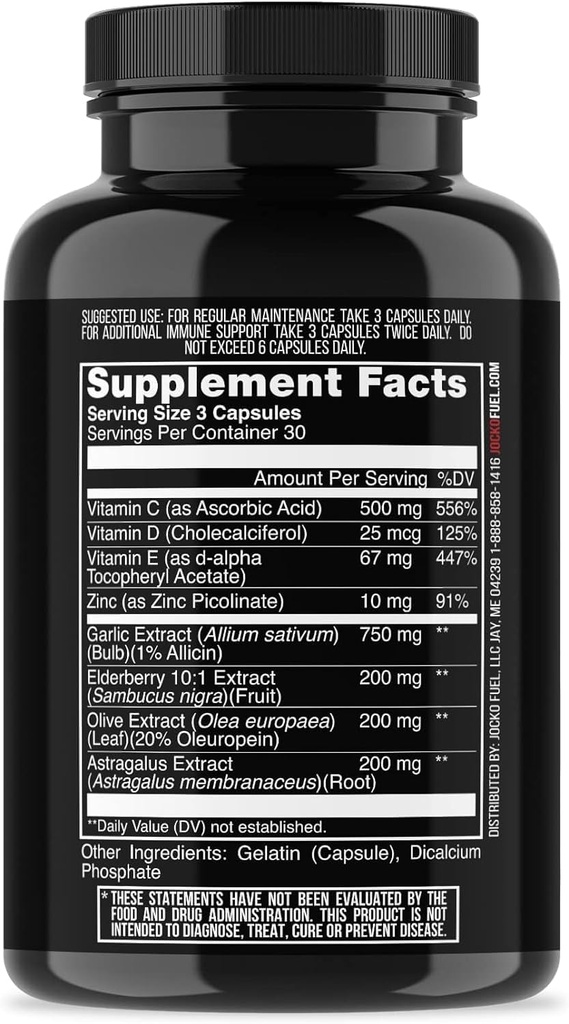 Jocko Fuel Immune Supplement - Elderberry cu zinc & vitamina C pentru adulți - Immune Defense cu vitamina C, D3, Superfoods, Herbs, & Minerale (90 capsule)