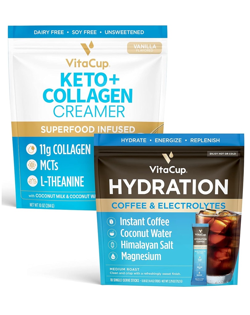 VitaCup Hydration Instant Coffee Sticks w/Electrolytes, Coconut Water, Medium Friptură 18ct & Keto + Colagen Vanilla Coffee Creamer w/Superfoods & MCTs, 10 oz