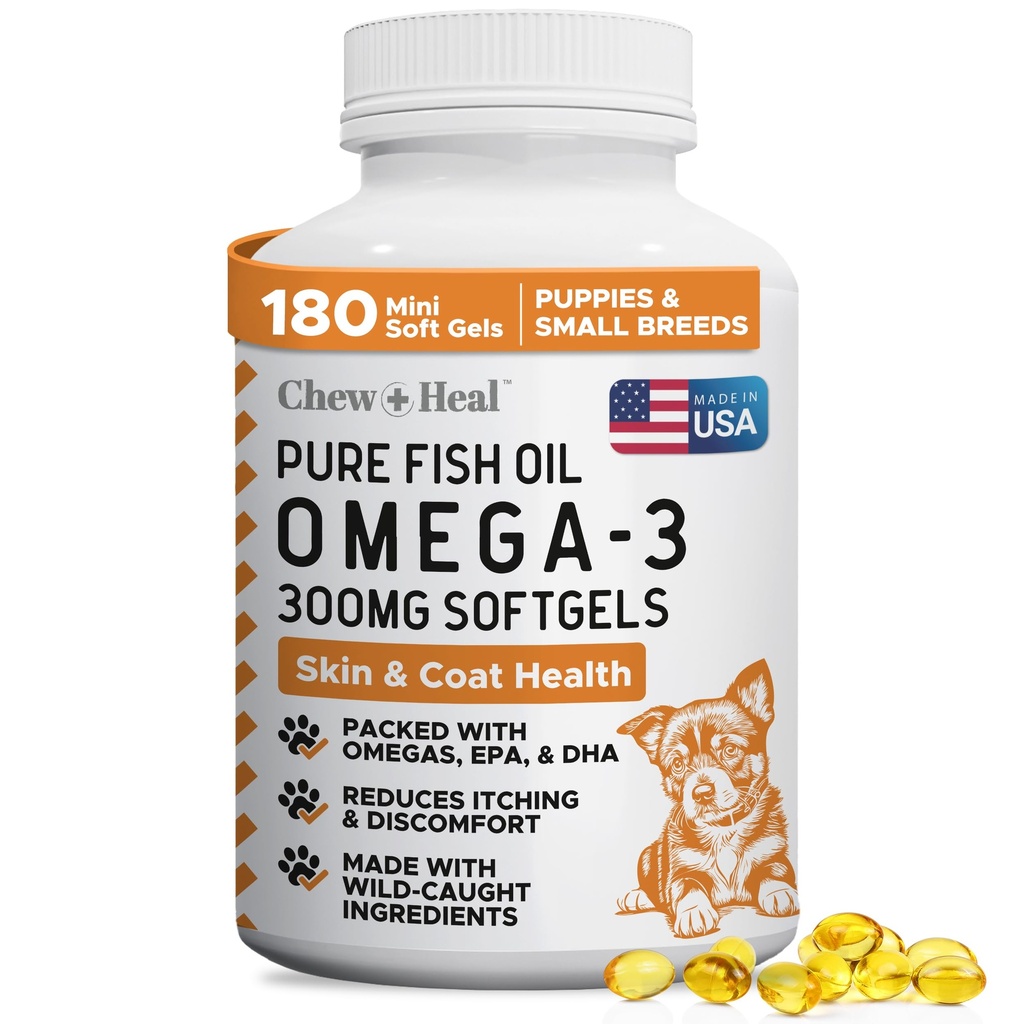 Wild Caught Omega 3 ulei de pește pentru câini - 180 capsule Softgel pentru piele sanatoasa si haina - 300 mg Mini Pastile de pește de pește pentru topire, piele uscată mâncărime, și pete fierbinți - Pet Omega Somon Supliment