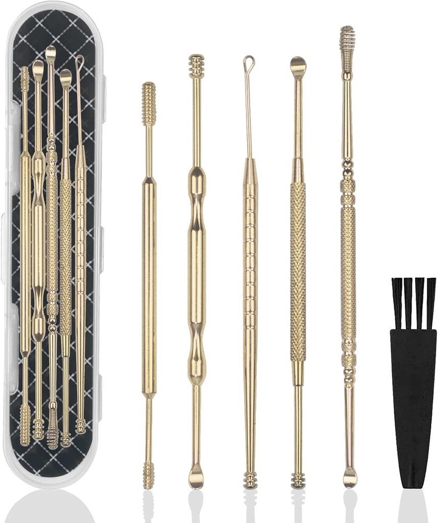Hion 6 PC-uri Extended Ear Wax Remove Kit,Profesional Double-Head Ear Pick Tools de îndepărtare a urechii,316L Oţel inoxidabil Curette cu curăţare Perie şi cutie de depozitare,Suit pentru Kid Adult (Aur)