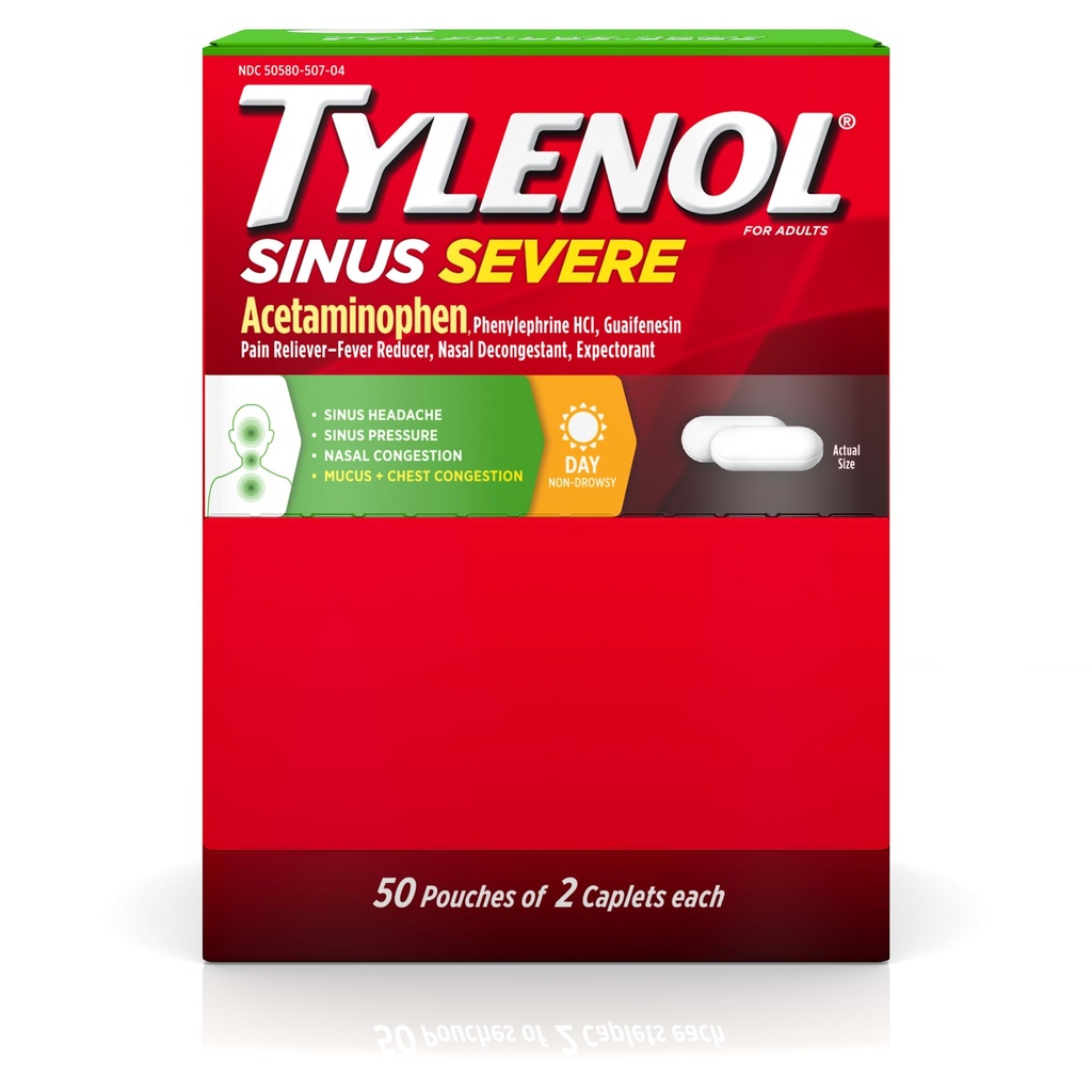 Tylenol Sinus Caplete cu Acetaminofen 325mg, Guaifensin 200mg & Fenilephrine HCl 5mg, Durere non- Drowsy Reliever, Expectorant & Nasal Decongestant, 50 Pachete de călătorie cu 2 ct