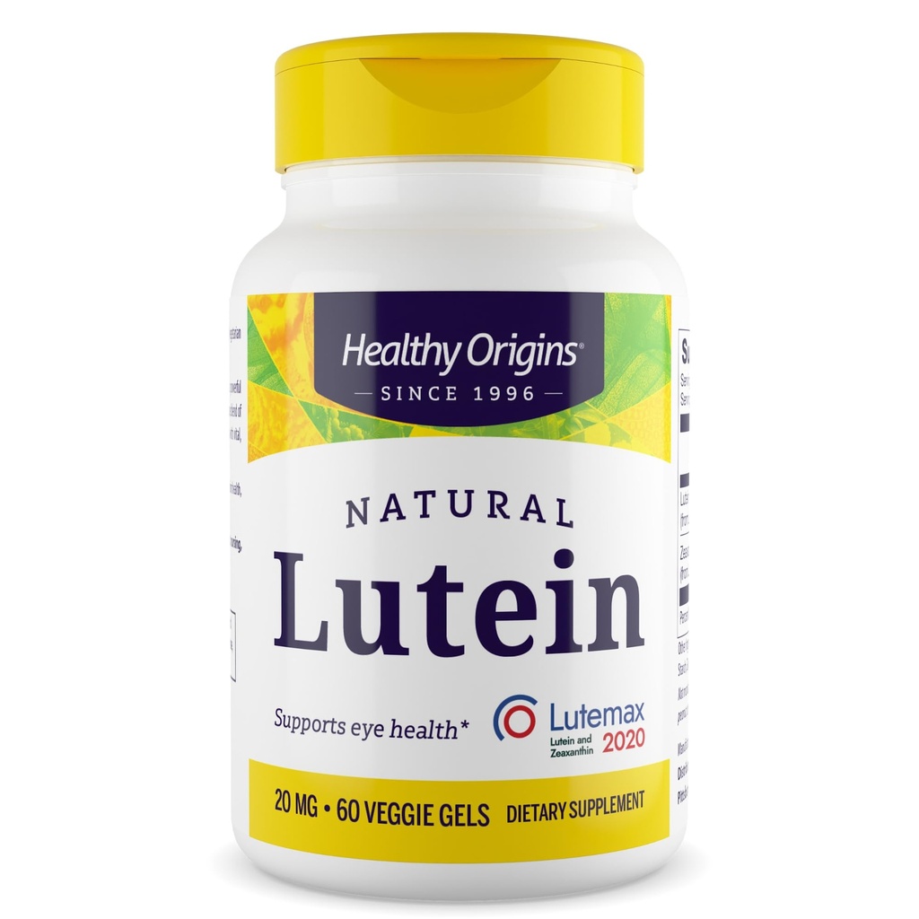 Origine sănătoasă Lutein 20 mg (Lutemax 2020 cu Zeaxantină, Non-GMO, Vegan, Eye Support), 60 Veggie Gels
