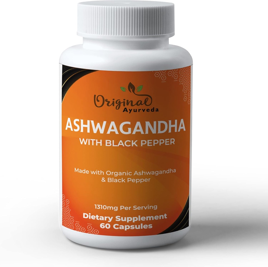 Certified Organic Ashwagandha with Organic Black Pepper Supplement - 1310mg - Non-GMO, Gluten-Free - 3rd Party Lab testat