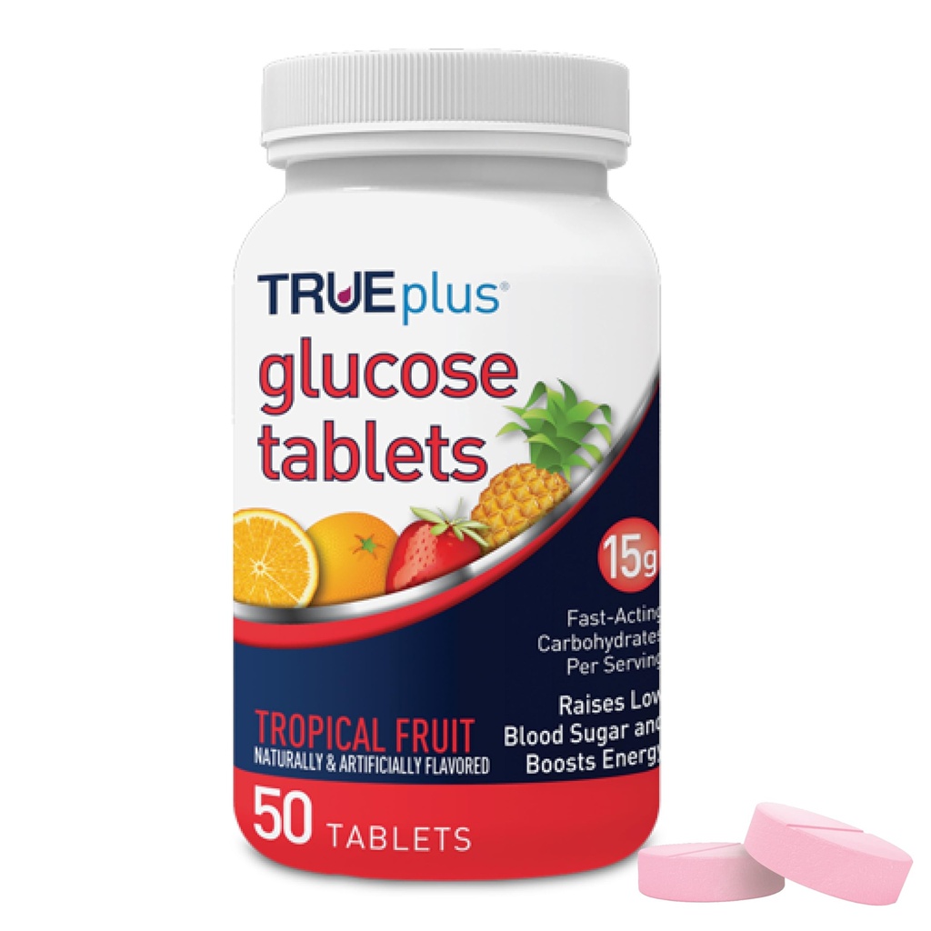 Comprimate de glucoză TRUEplus®, aromă de fructe tropicale - flacon de 50ct
