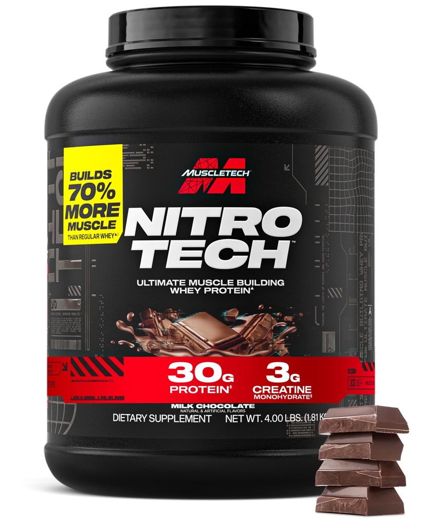 Muscletech Whey Proteine Powder (Milk Chocolate, 4 Pound) - Nitro-Tech Ultimate Muscle Building Formula cu izolat de proteine Whey - 30g de proteine, 3g de Creatină & 6.8g de BCAA - ambalare mai Vary