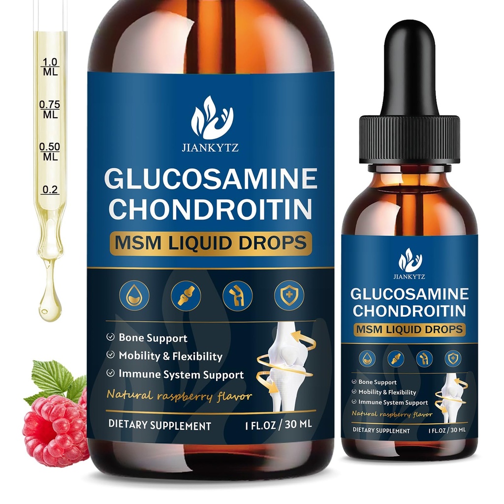 (2 ambalaj) Glucosamină Chondroitin MSM picături lichide, absorbţie ridicată, antioxidant, imun, suport osos, MSM Supliment pentru bărbaţi şi femei, Vegan, zahăr-gratuit, aroma de zmeură, 1 Fl Oz