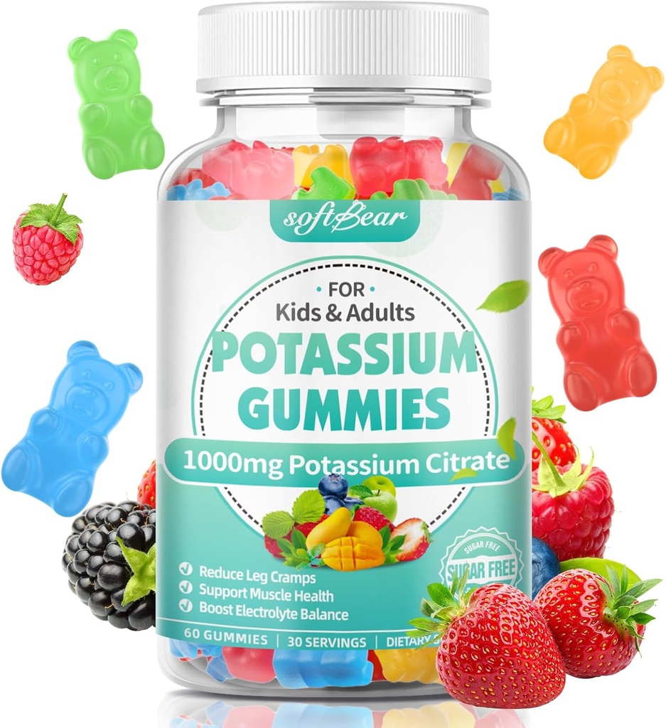 softbear Citrat de potasiu Gumries, Potență mare Citrate Potasiu 1000mg susține picioare cramps și musculare Sănătate Gume de potasiu pentru adulți și copii Aroma de fructe mixte 60 Conte
