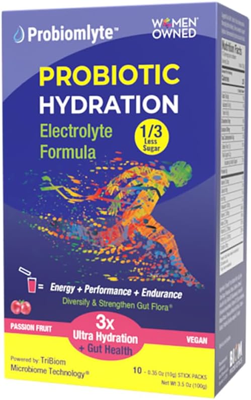 Probiomlyte Probiotic Hydration Amplifier. Electrolytes + Key Vitamins + Probiotics + Prebiotics + Postbiotics + Citrulline |Better Endurance, Performance, Energy, Gut Health| Passion Fruit |10 sticks