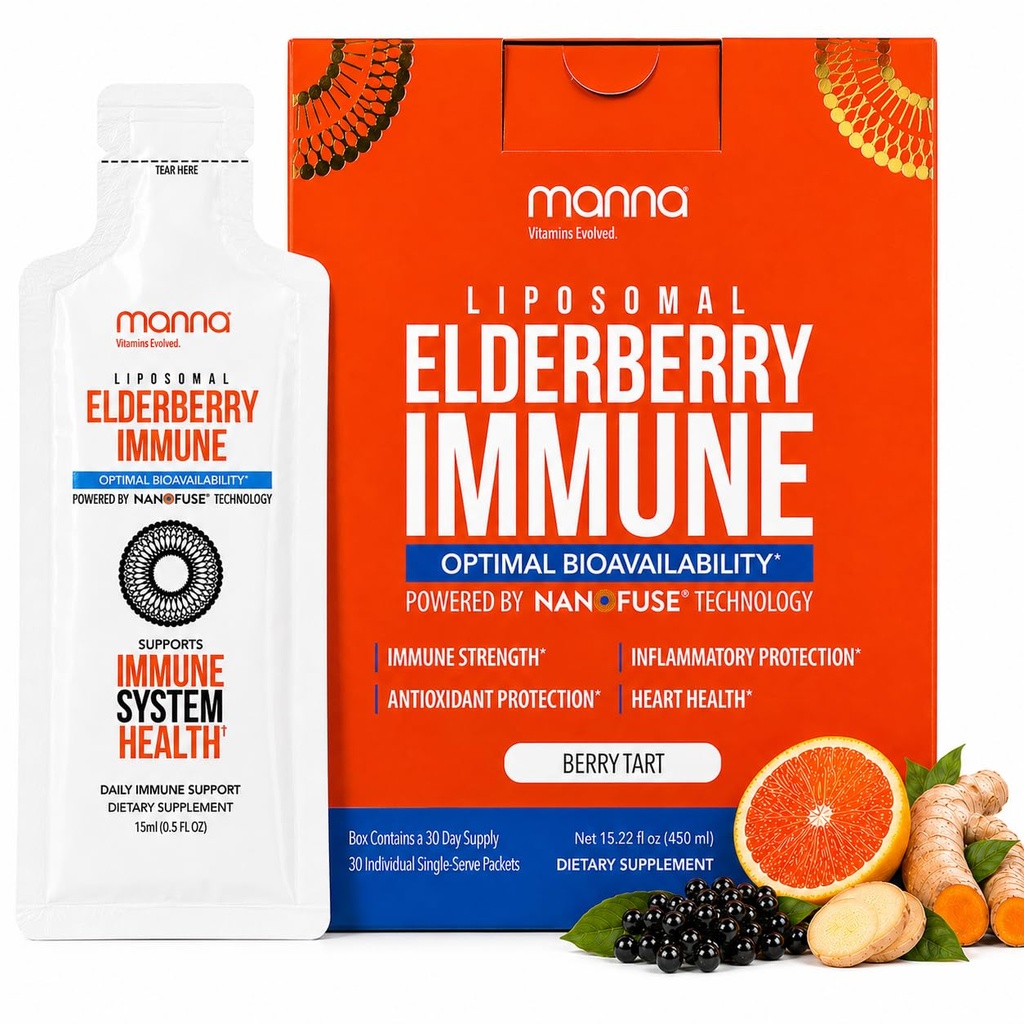 Manna Vitamine Evolved Liposomal Elderberry Immune Pachete, Vitamine C, D etc. - Daily Immune Support for Adulți, Copii - Sugar Free, Real Elderberry Extract, Syrup, Travel-Friendly, 15 Pack