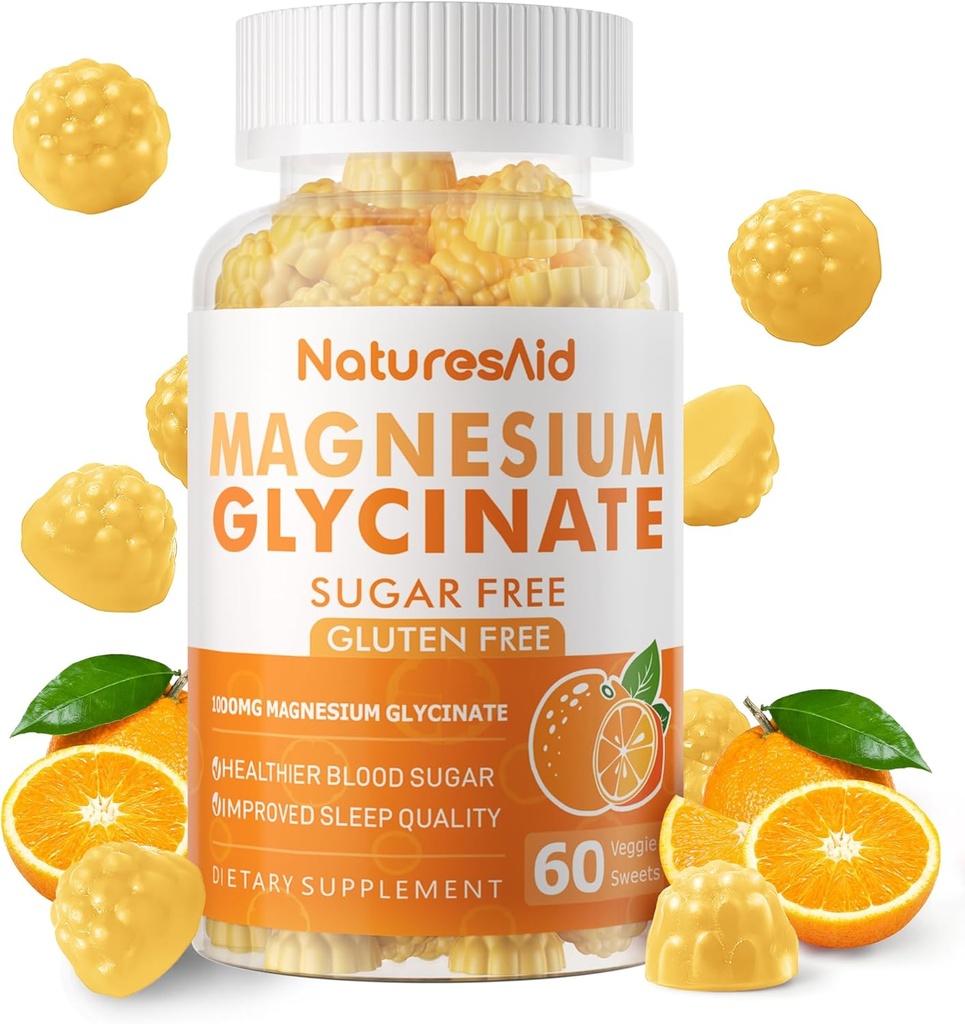 Magneziu Glycinate Gumries 1000mg - Zahăr gratuit de magneziu supliment de potasiu cu vitamina D, B6, CoQ10 pentru calm Mood & Sleep Support - 60 Orange Gumries - 1 ambalaj