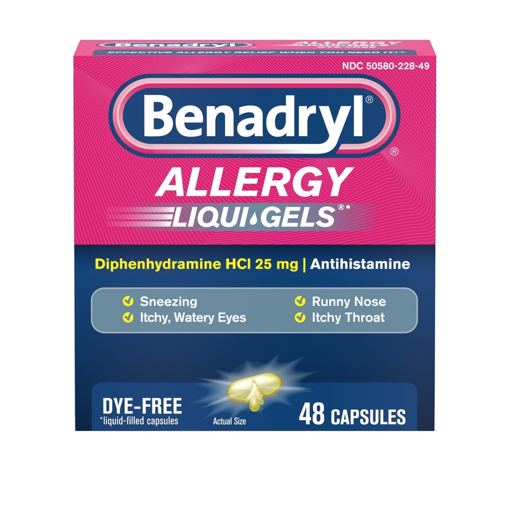 Benadryl Liqui-Gels Antihistaminic Alergie Medicină & Symptom Relief rece, Gel lichid fără die cu 25 mg de clorhidrat de difenhidramină pentru simptome cum ar fi, nas roşu, strănut & More, 48 ct
