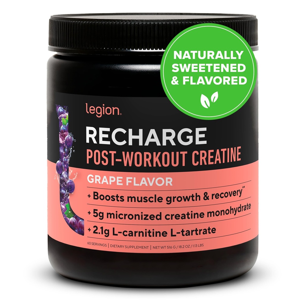 LEGION Reîncărcare post supliment antrenament - toate Natural Muscle Builder & Recuperare băutură cu Micronited Creatin Monohidrat. Îndulcit natural & aromat, sigur și sănătos. (Grape, 60 Serving)