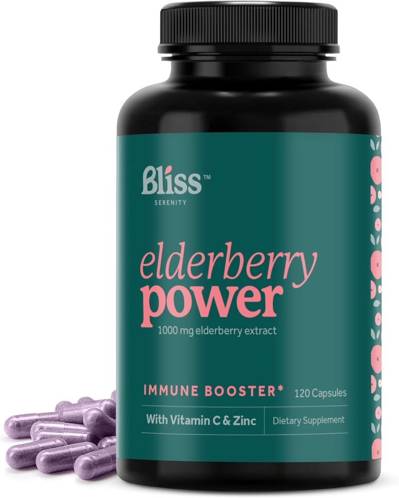 Elderberry cu zinc și vitamina C pentru adulți - capsule de soc Sambucus - 1000 mg Extract, supliment de sprijin imun pentru femei și bărbați, cu amestec de fructe antioxidante, 120 Vegcaps, 60 zile de aprovizionare