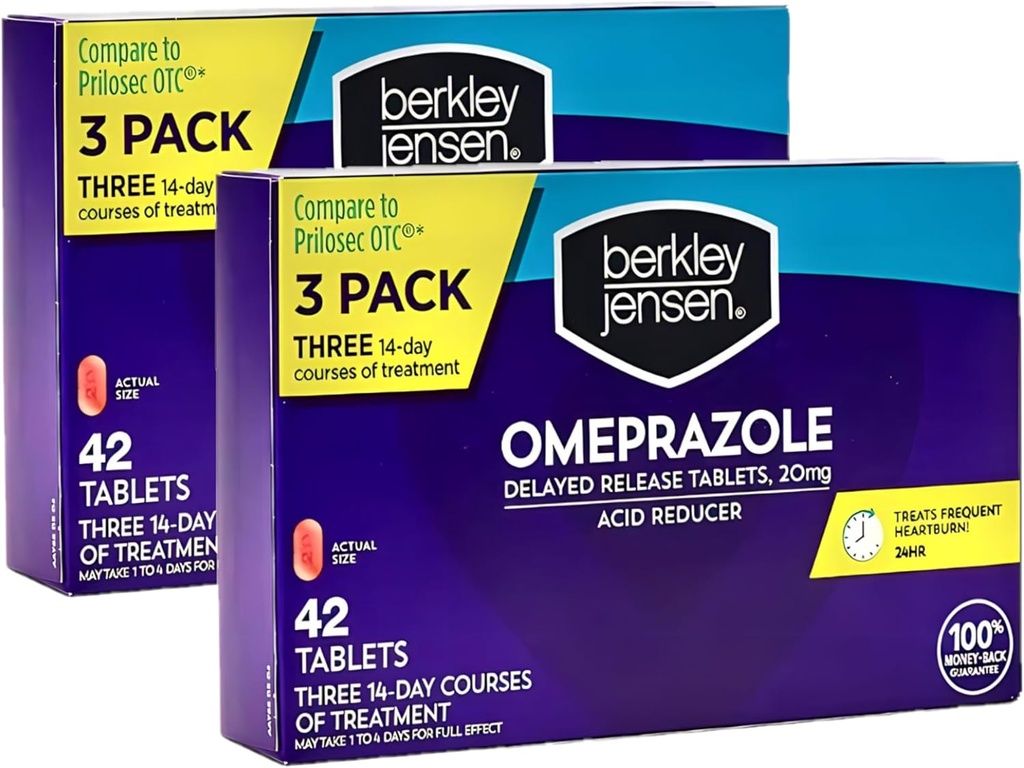 Berkley Jensen Omeprazole 20 mg comprimate cu eliberare întârziată - Pastile de Reducere a Acidului - Tratamente Frecvente Arsuri la stomac - 3 x 14 zile Cursuri, 42 Număr (Pachet de 2)