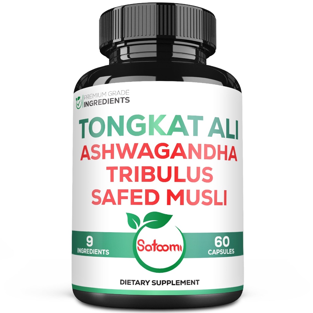 Satoomi Tongkat Ali Root Extract 200:1-9 Ierburi esentiale cu Ashwagandha, Tribulus Terrestris & More - Suport Putere, Energie si Imune sanatoase - 60 Vegan Caps 2 Luna aprovizionare