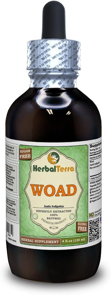 Woad (Isatis Indigotica) Glicerit, Frunze uscate Extract lichid fără alcool (Brand Name: HerbalTerra, Proudly Made in USA) 4 fl.oz (120 ml)