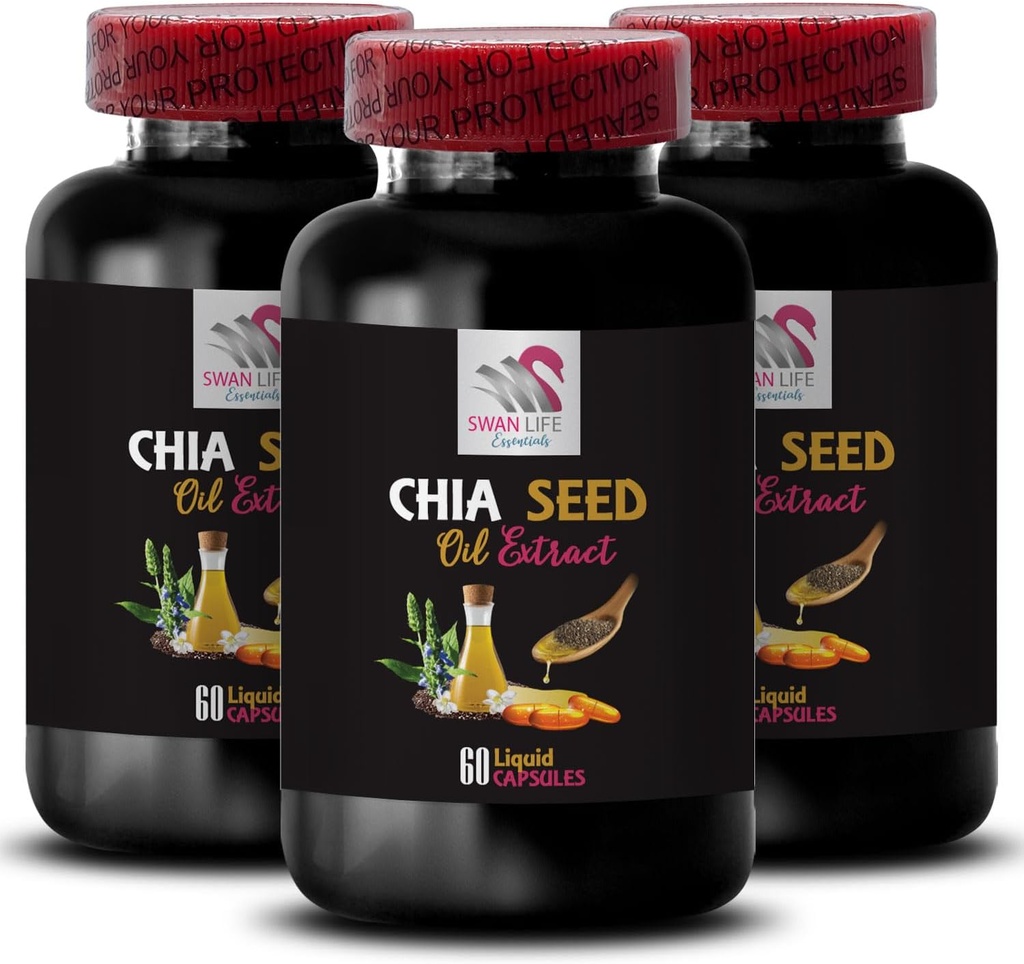 Ulei pe bază de plante - CHIA SEED OIL EXTRACT - Ulei de hidratare, Textură bogată, Îngrijirea părului, Finisaj lucios, Strălucire naturală, Beneficii Chia, Textură ușoară, hidratare pură, Ulei de corp, ulei luminos 3 Sticlă 180 Capsuri