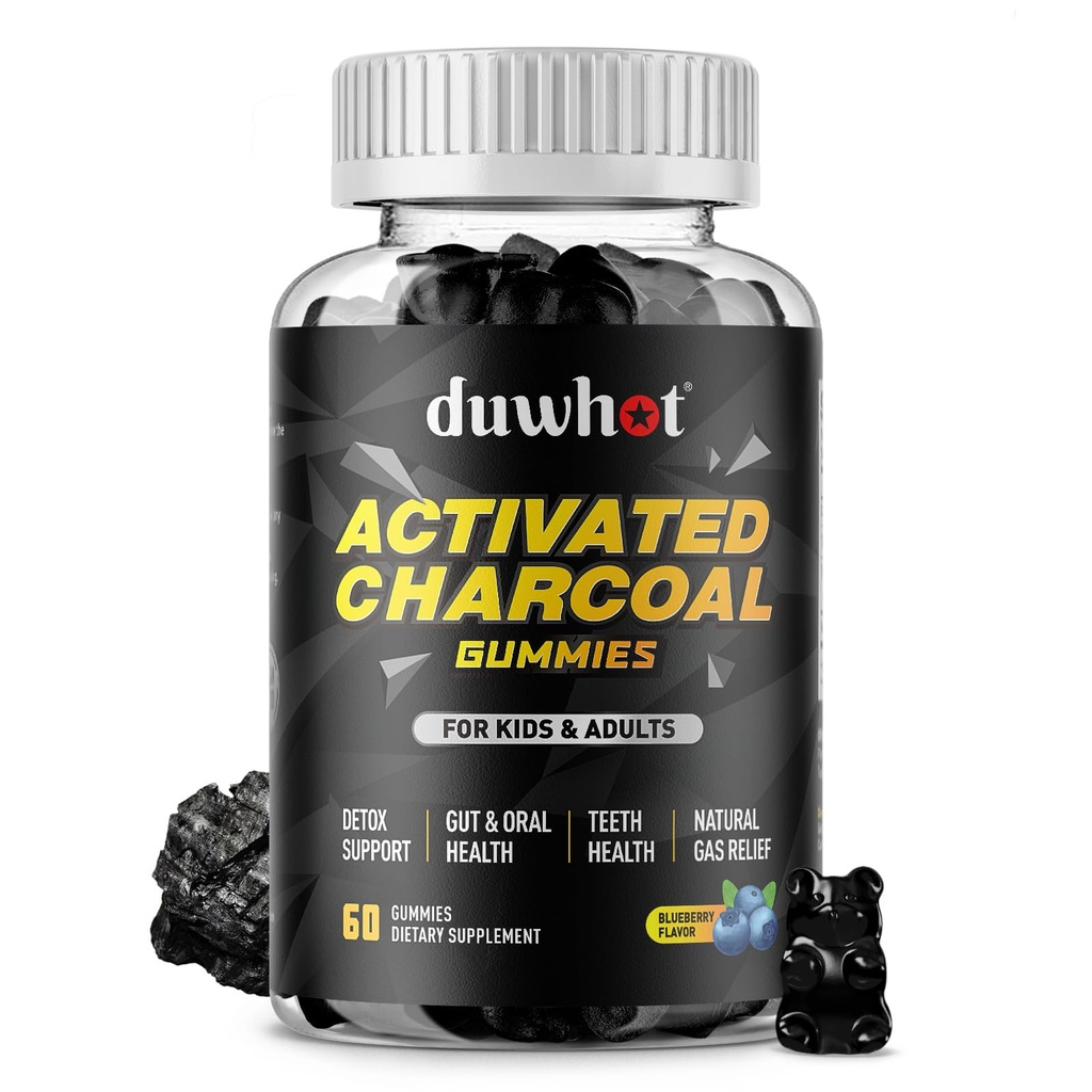 Gume Charcoal activate pentru copii, 500 mg supliment charcoal activat pentru gaz de relief, dezintoxicare, Digestive si sanatate orala, aroma de afine Vegan, 60 Conte