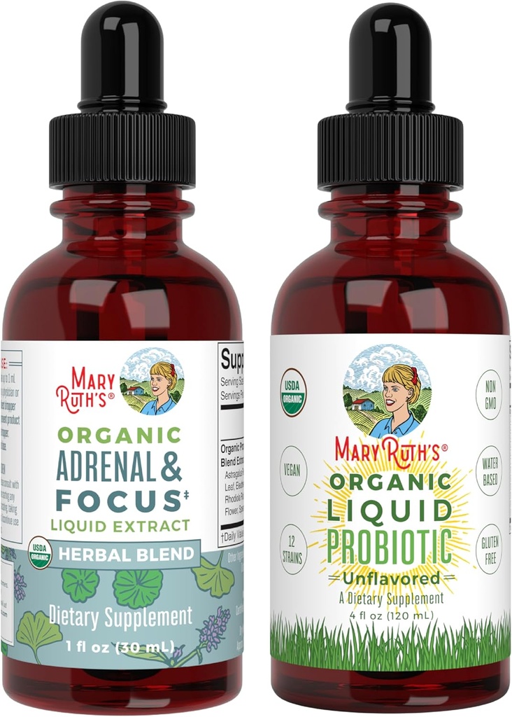 MaryRuth Organics Suplimentul Probiotic pentru femei Bărbaţii şi Adrenala Sănătate & Focus Supliment, 2-Pack Bundle, Digestive & Gut Health, Cortisol Sănătate, Stres Relief, Focus Nootrop Creier Supliment