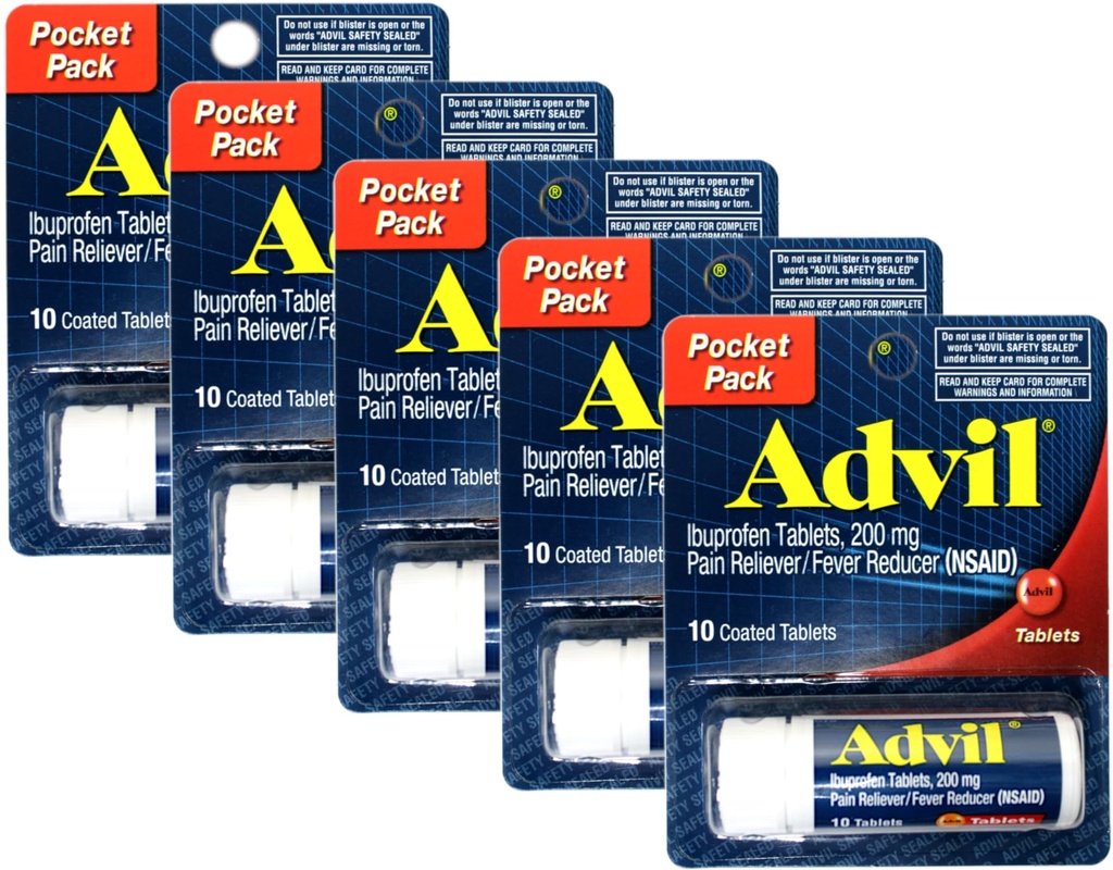 Advil Ibuprofen 200 mg (AINS) Ambalaj de buzunar, 10 comprimate filmate (pachet de 5)