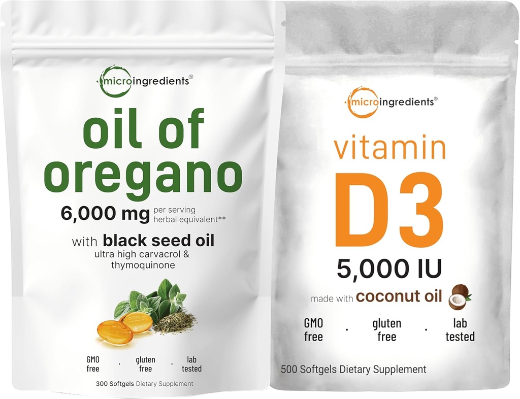 Micro Ingrediente Ulei de Oregano Softgels 6000 mg Per Servire & Vitamina D3 5000 UI Bundle Pack 