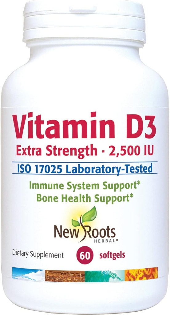 NEW ROOTS HERBAL Vitamin D3 2,500 IU (62.5 mcg) | Healthy Muscle Function | Immune Support | Non-GMO & Gluten-Free (60 Softgels)