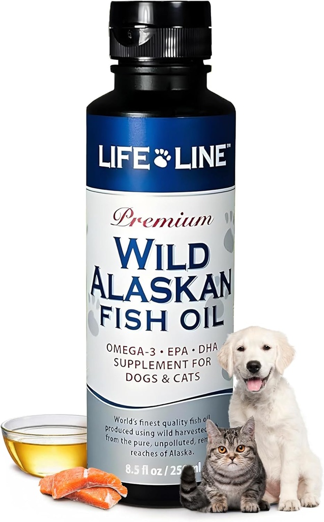 Life Line Pet Nutrition Wild Alaskan Fish Oil Omega-3 Supplement for Skin & Coat – Supports Brain, Eye & Heart Health in Dogs & Cats, 8.5oz