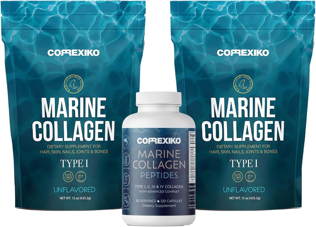 CORREXIKO 2X pudra de colagen marin (15oz) & 1x capsule marine Bundle