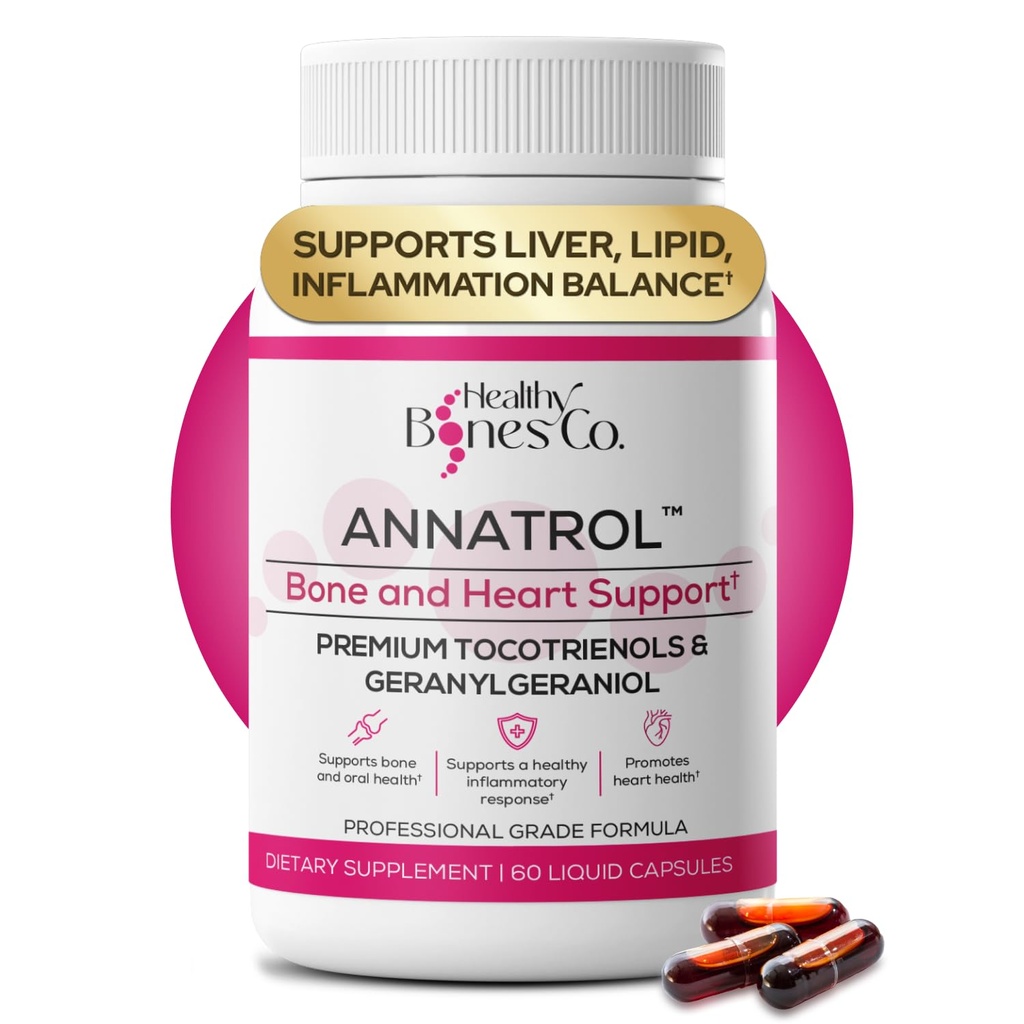 Annatrol Bone & Heart Health Support, Premium Annatto Tocotrienols & Geranilgeraniol (GG) Vitamin E Complex, Suportă Colesterol sănătos, Balanța de zahăr din sânge, Funcția antiinflamatorie și hepatică