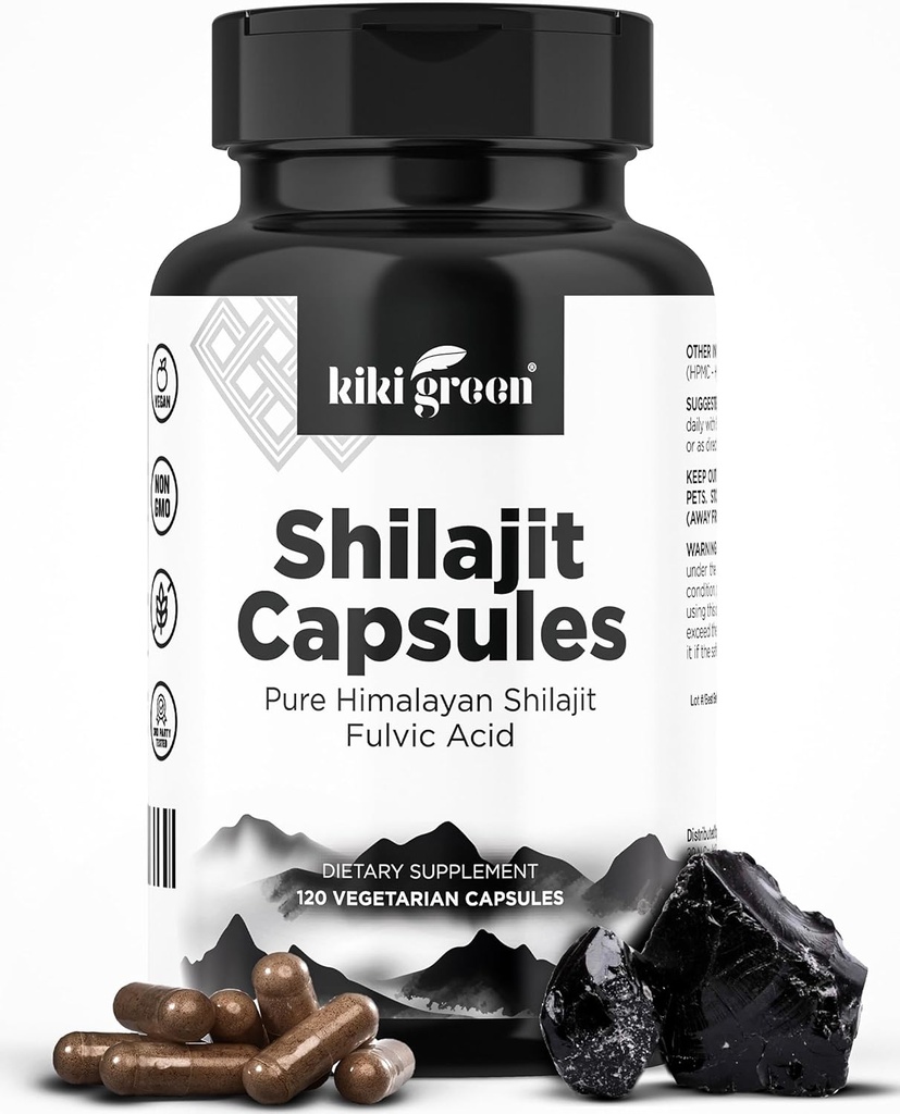 Capsulele KIKI Green Shilajit - Suplimentul Himalayan, 40% Acid fuzilic şi minerale Trace - 500 mg per Servire pentru Putere, Energie, Imunitate - 120 Conte Vegan